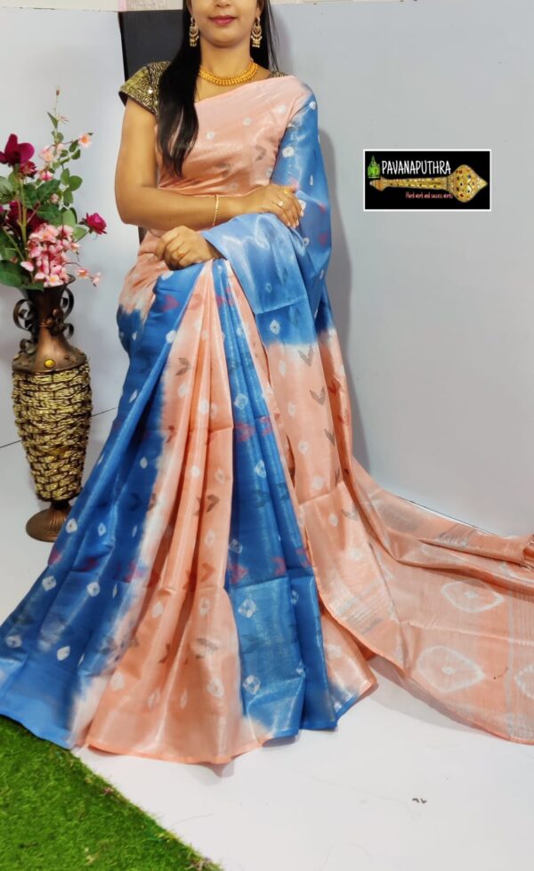 Beautiful soft pure Lenin saree with dual shades in bandhini design