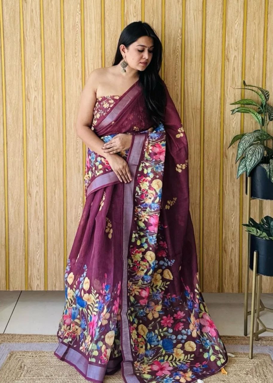 Floral Linen Digital Printed Sarees