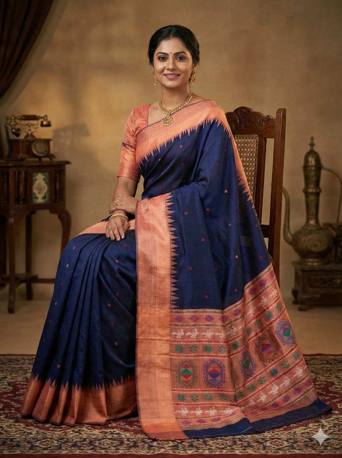Pure Raw Silk Temple Border Handloom Saree