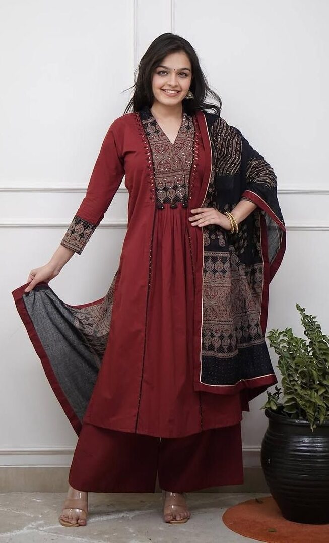 Straight A-Line Cotton Kurta Pant Dupatta Set