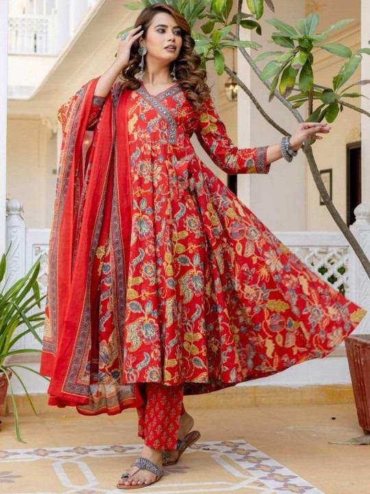 Stylish Cotton Anarkali Kurti Pant Dupatta Set