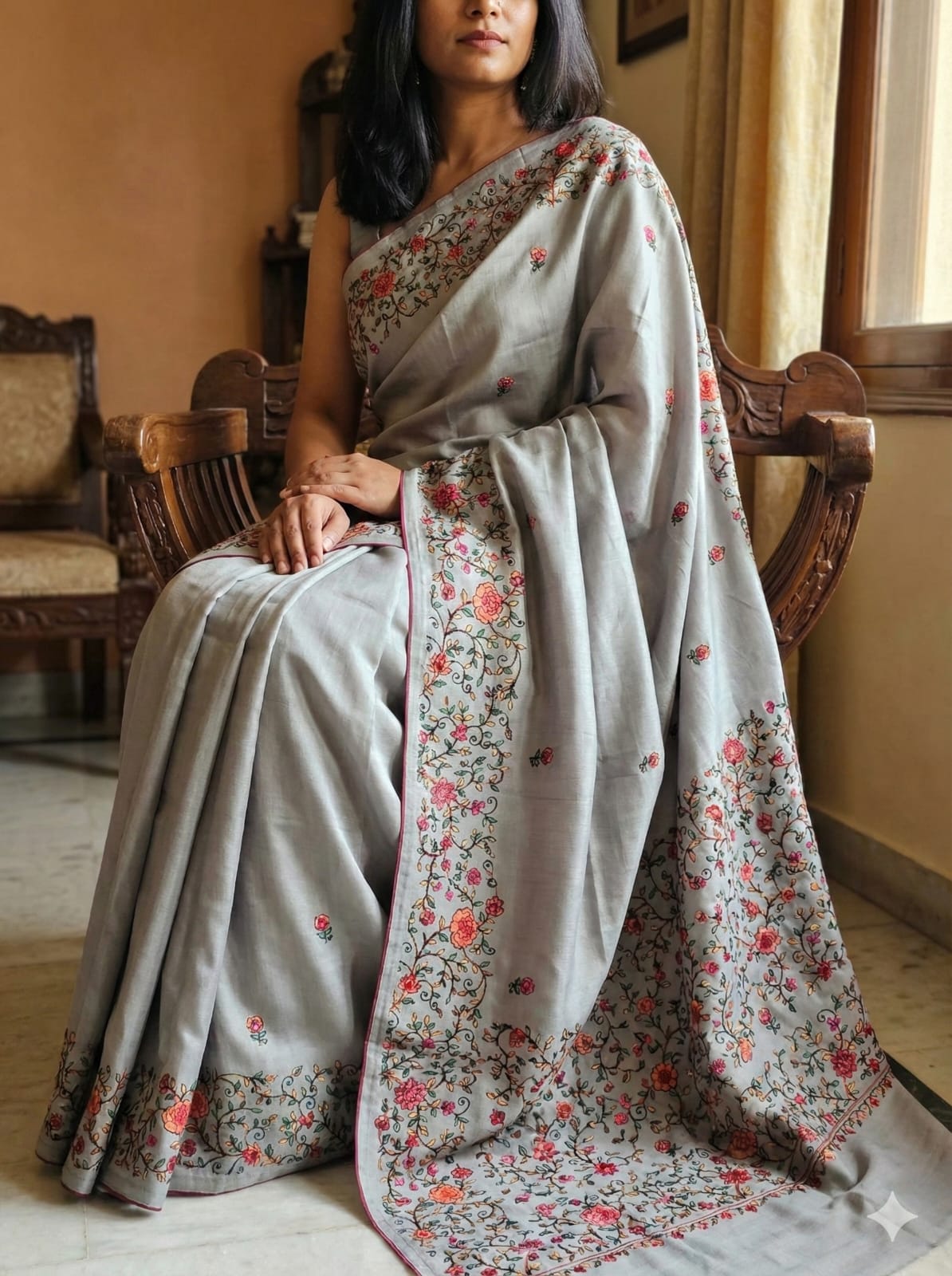Semi Tussar Embroidered Sarees